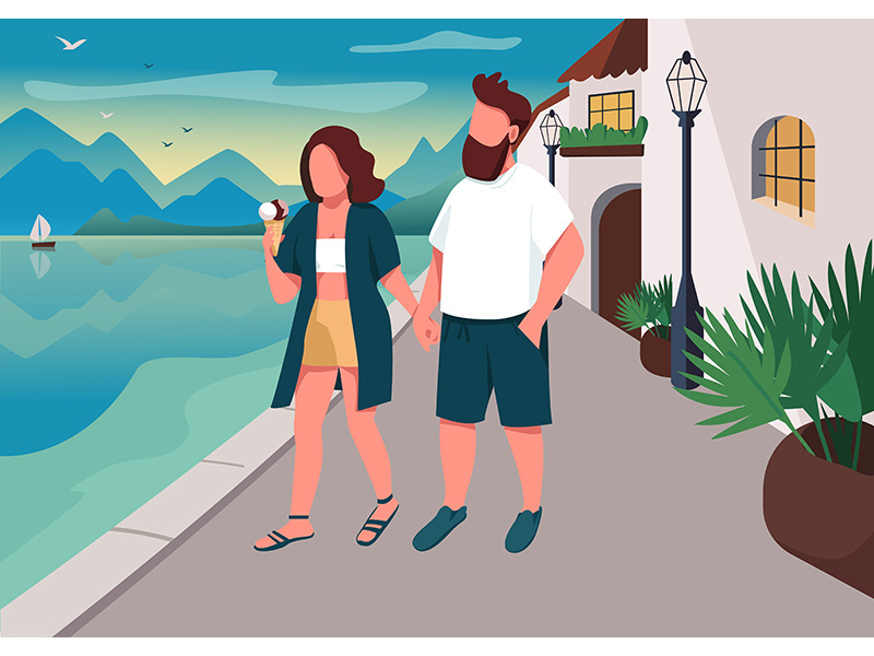 Couple walking on seafront flat color vector illustration