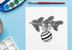 Christmas bauble hanging on a pine branch, festive holiday line art illustration.