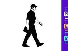 A man walking to the right with a briefcase in his hand