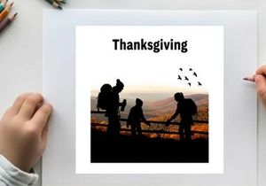 Thanksgiving silhouette of family on a hill watching birds fly