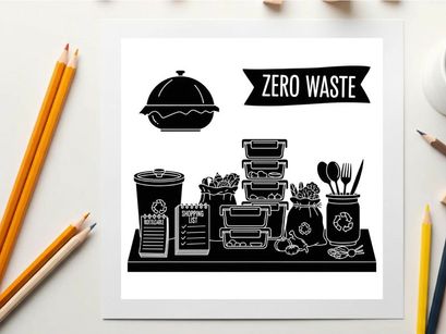 Zero waste kitchen utensils and containers silhouette