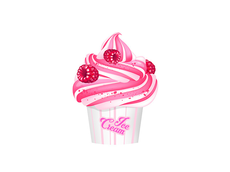 Raspberry ice cream, sweet milky dessert with jam realistic vector illustration