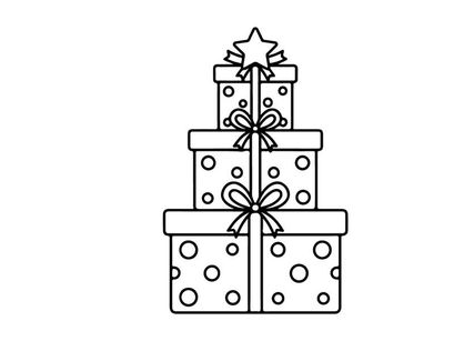 Christmas gift boxes stack with polka dot pattern and star topper line art illustration.