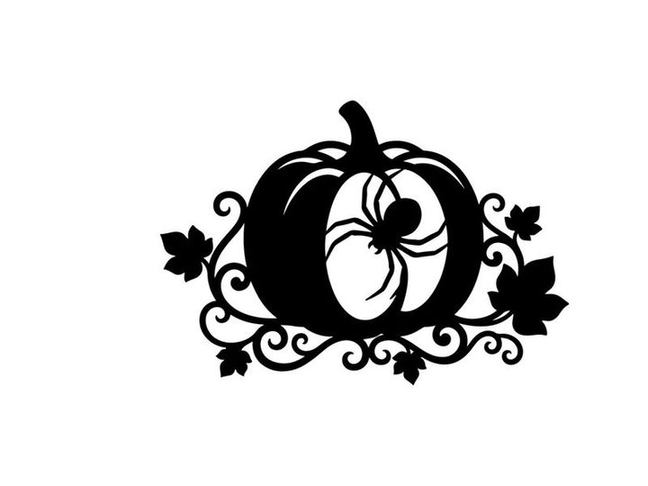 Silhouette of a pumpkin with a spider and decorative vines for Halloween