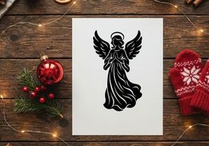 Black silhouette of a praying angel with wings, isolated on a white background.