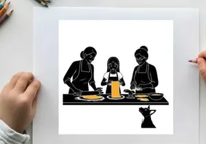 Silhouette of family cooking together in the kitchen with aprons on