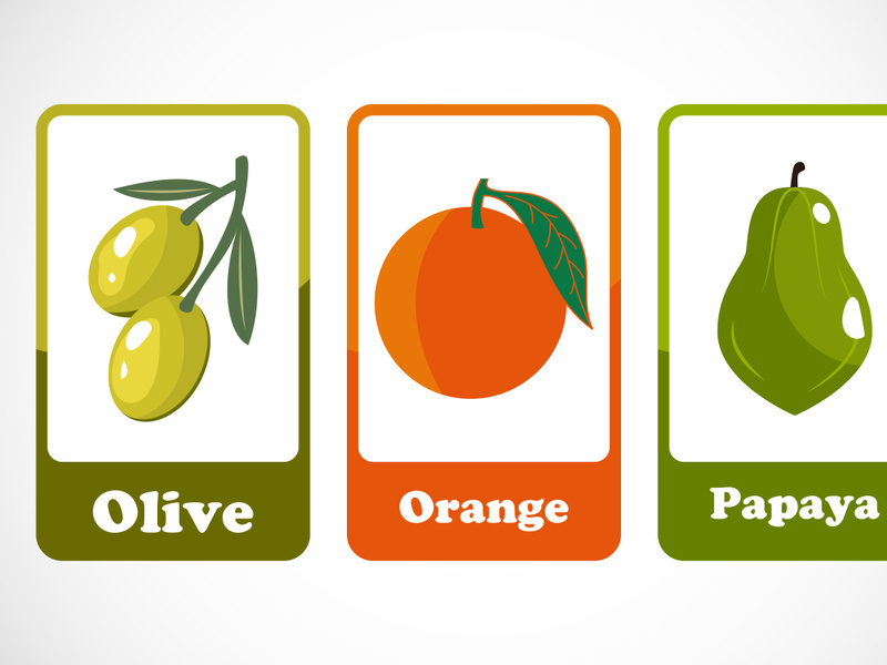 Fruit flashcards for kids. Educational cards for preschool. Printable vector illustration