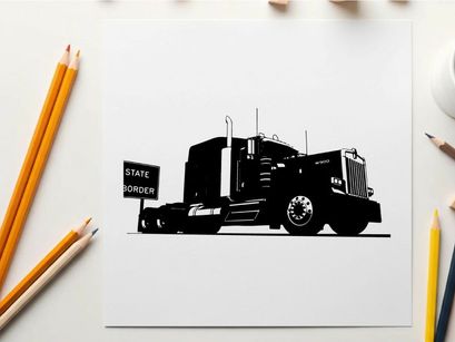 Silhouette of a large truck on the road with a sign