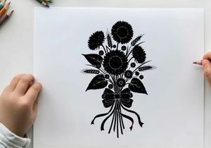 Silhouette of a bouquet of flowers and foliage