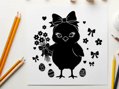 Adorable easter chick in silhouette with floral decorations