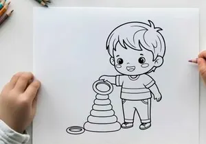 Cute child playing with stacking rings vector illustration