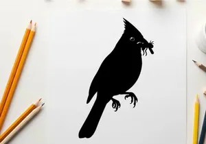 Silhouette of a cardinal holding a worm in its beak profile view
