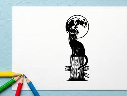 Silhouette of a Cat Sitting on a Tree Stump Under Full Moon