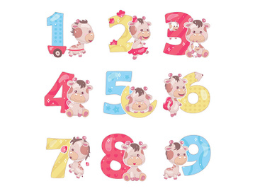 Cute numbers with baby giraffe cartoon illustrations set preview picture