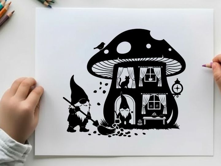 Whimsical silhouette of a gnome near a fantastical mushroom house
