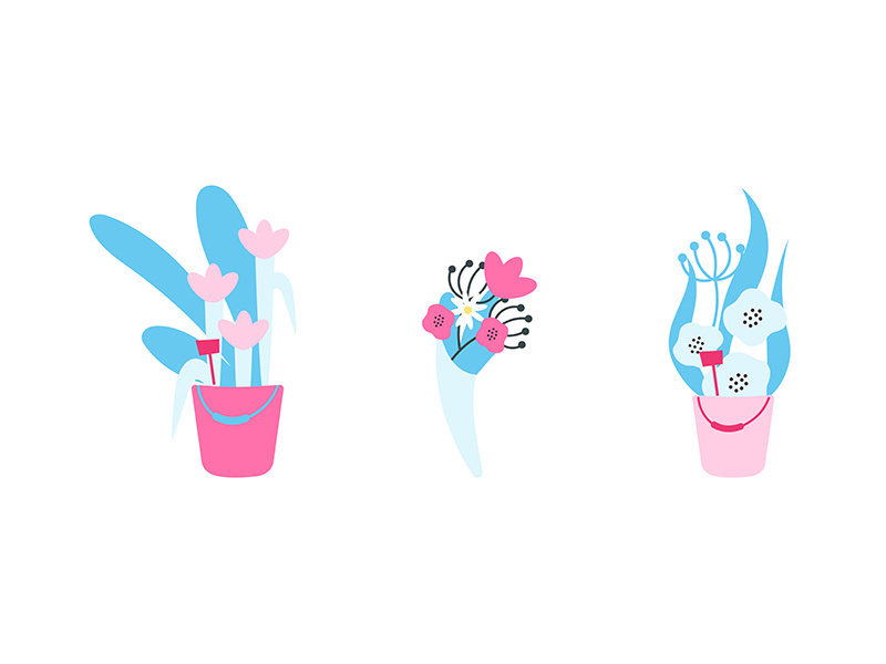 Flowers in vases flat color vector objects set