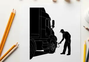 Silhouette of a man checking a semi truck tire in a depot