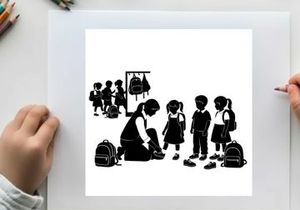 Silhouette of children and teacher in a school setting with backpacks