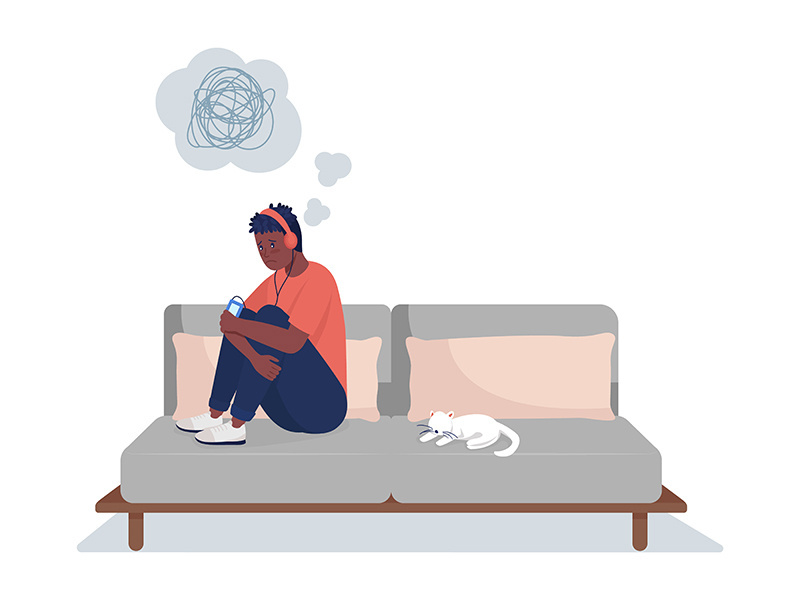 Sad boy in headphones on couch semi flat color vector character