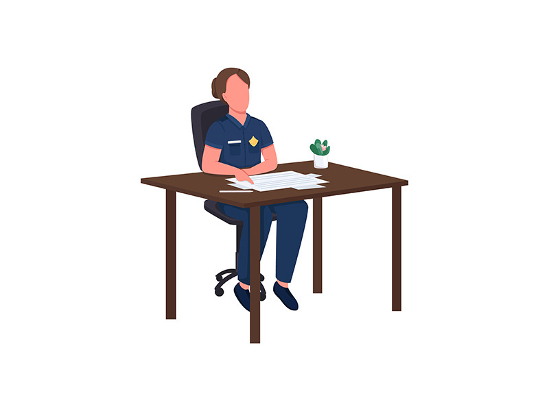 Female police officer at desk flat color vector faceless character