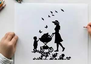 Silhouette of woman pushing stroller with child and birds