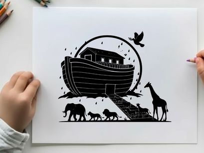 Biblical noah's ark silhouette with animals entering the vessel
