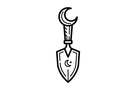 Escudo assustador de Halloween com lua crescente e adaga. Emblema gótico para temas de fantasia sombria e horror.