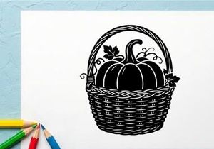 Black and White Pumpkin Basket Illustration for Autumn or Fall Decor
