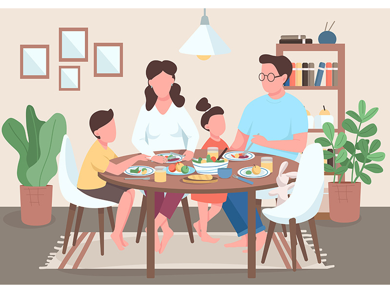Family meal flat color vector illustration