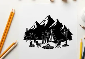 Camping silhouette scene with people and tent in mountains