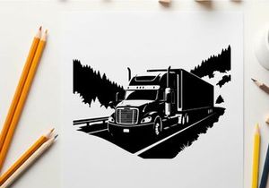 Semi truck silhouette driving on highway through mountains