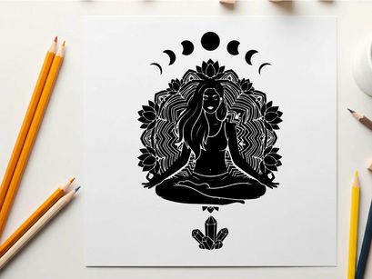 Silhouette of a woman meditating in lotus position with moon phases