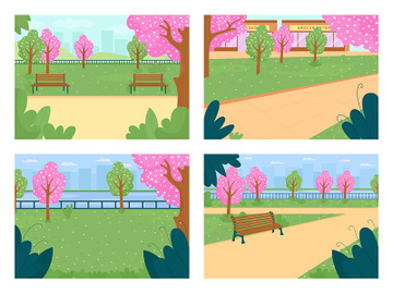 Spring park flat color vector illustration set preview picture