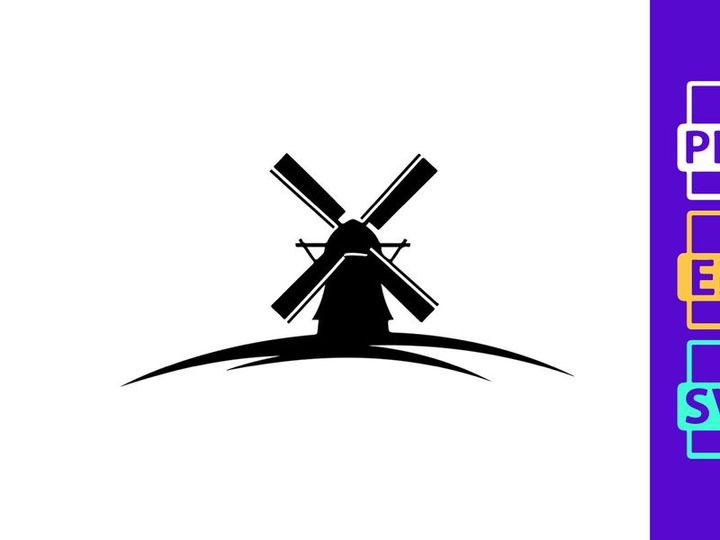 Windmill on rolling hills silhouette