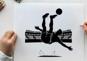 Soccer player silhouette kicking ball in mid air overhead