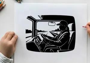 Silhouette of a truck driver driving on the highway in his vehicle