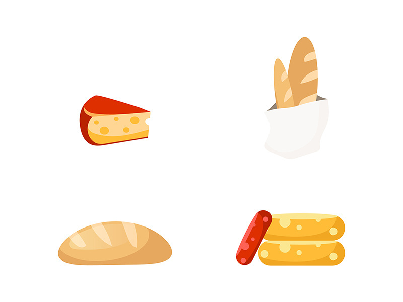 Cheese and bread flat color vector objects set