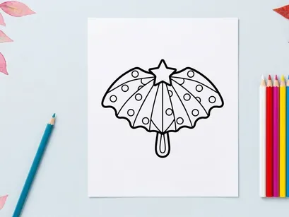 Hand-drawn Halloween paper umbrella with polka dots and star. Spooky party accessory for festive decorations and crafts.