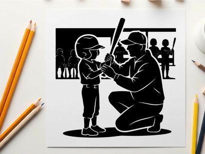 Silhouette of a coach teaching a young baseball player to bat