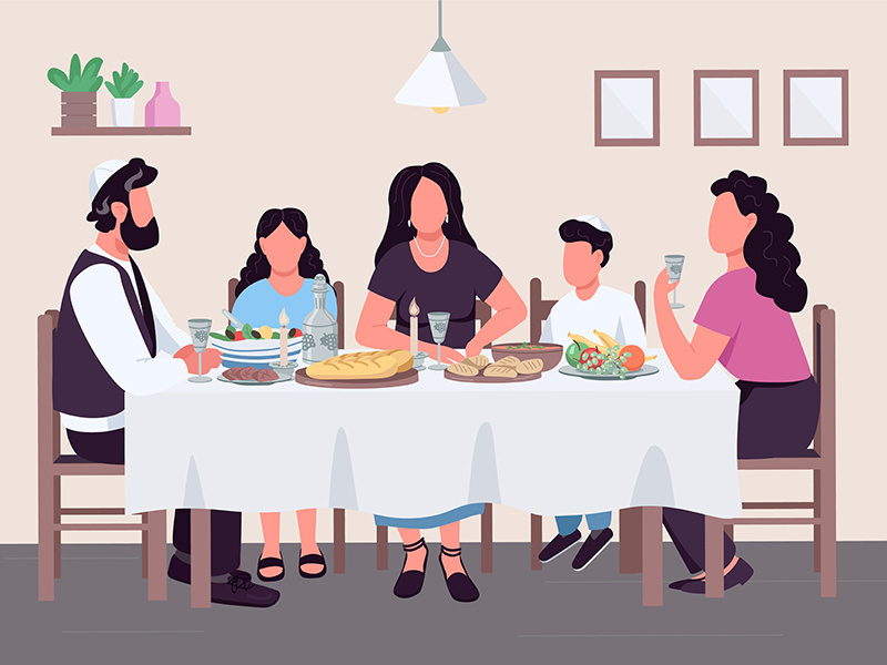 Jewish family meal flat color vector illustration