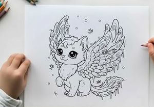 Cute white cat with angel wings vector illustration