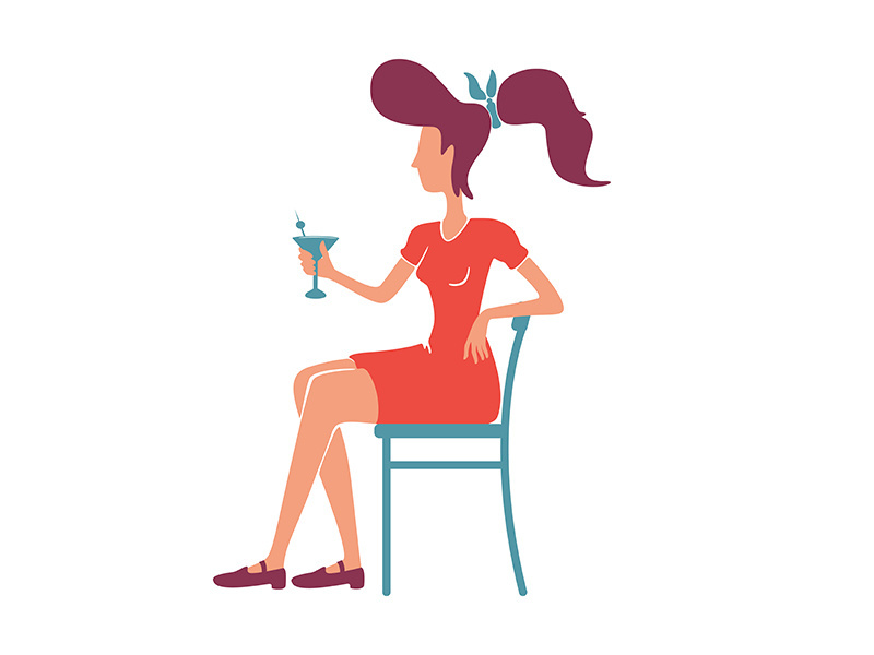 Retro elegant young woman with cocktail flat color vector faceless character