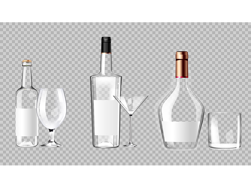 Empty alcohol bottles realistic product vector designs set