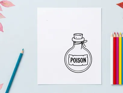 Vintage Giftflasche mit Totenkopf-Etikett Illustration. Gefahrenhinweis für gefährliche Chemikalien in Schwarz-Weiß-Liniengrafik.