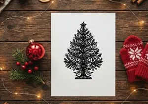 Ilustración de árbol de Navidad en blanco y negro con adornos y un lazo decorativo