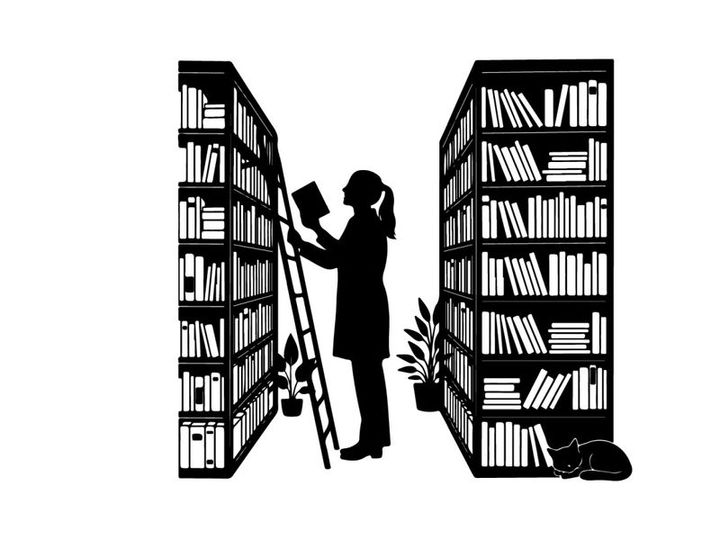 Silhouette of woman retrieving book from tall bookshelf using ladder