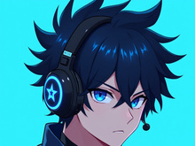 A headshot of a stylized anime man with dark blue spiky hair