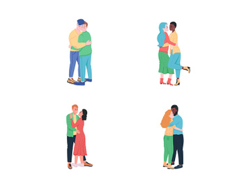 Happy hugging couples flat color vector detailed characters set preview picture