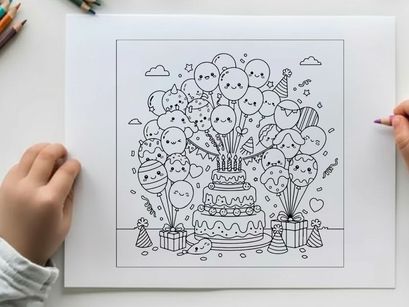 Birthday celebration with balloons and cake vector illustration