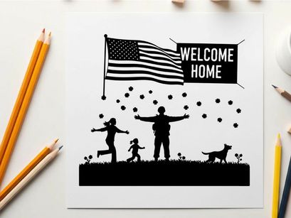 Welcome home patriotic family silhouette with american flag